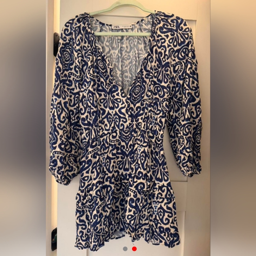 Zara Blue and White Wrap Ruffled Dress